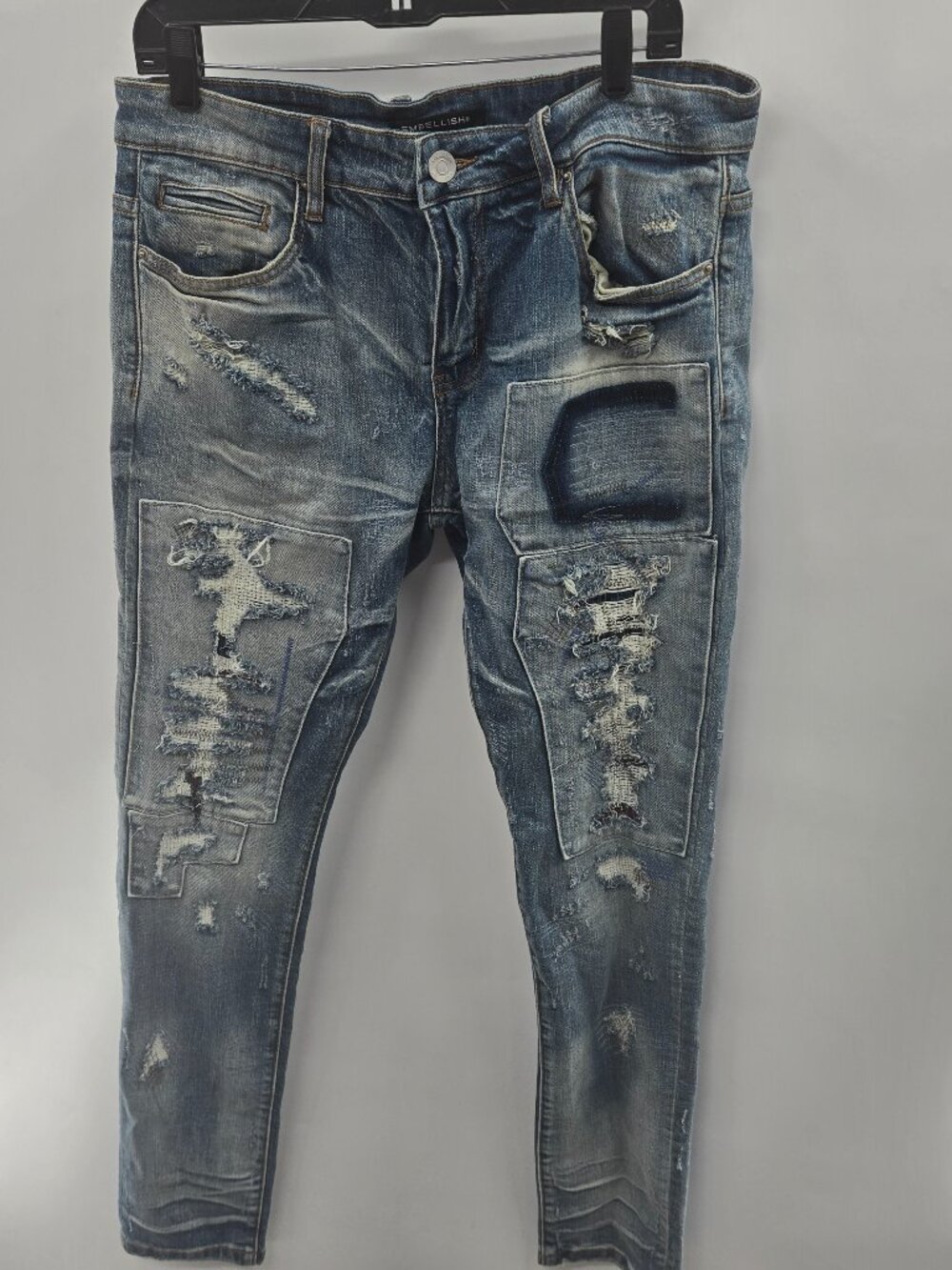 Embellish NYC Men's Distressed Patchwork Skinny Moto Jeans Blue Size 34